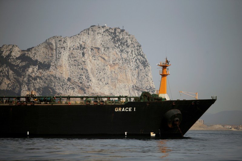 FILE PHOTO: Iranian oil tanker Grace 1 sits anchored after it was seized earlier this month by British Royal Marines in the Strait of Gibraltar