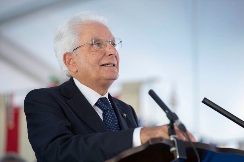 Italian President Sergio Mattarella gives a speech during an event to commemorate the 75th anniversary of a massacre of Italian civilians carried out by the German Wehrmacht during World War II, in Fivizzano