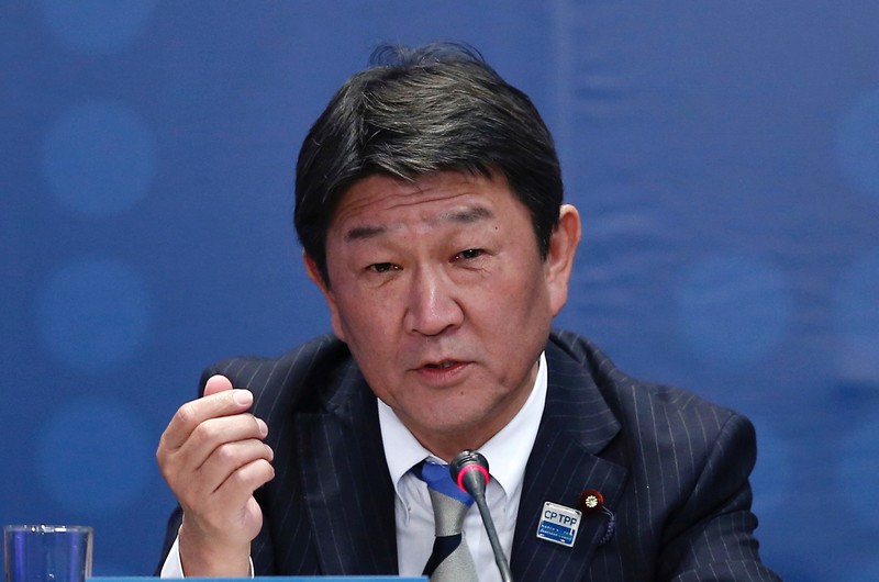 FILE PHOTO - Japan's Minister of Economic Revitalization Toshimitsu Motegi speaks during the signing agreement ceremony for the Trans-Pacific Partnership (TPP) trade deal, in Santiago