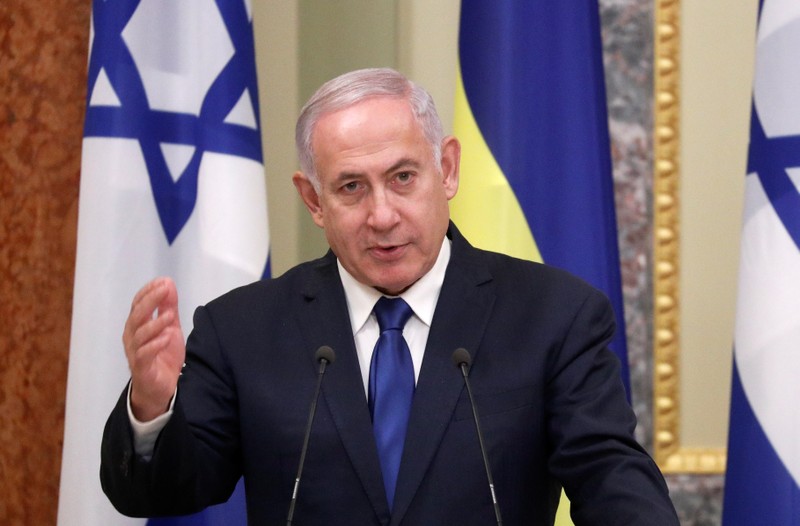 Israeli Prime Minister Netanyahu speaks during a news briefing in Kiev