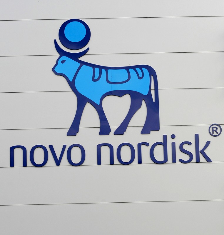 FILE PHOTO: The logo of Danish multinational pharmaceutical company Novo Nordisk is pictured on the facade of a production plant in Chartres