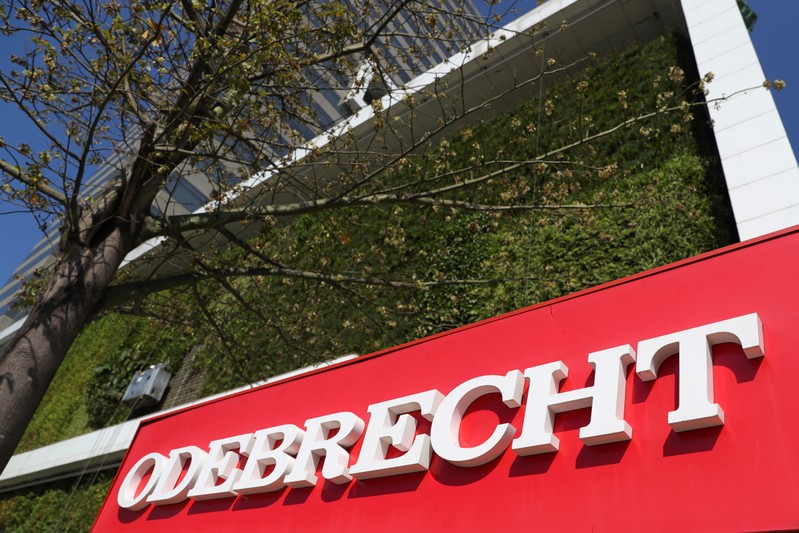 The corporate logo of the Odebrecht SA construction conglomerate is pictured at its headquarters in Sao Paulo
