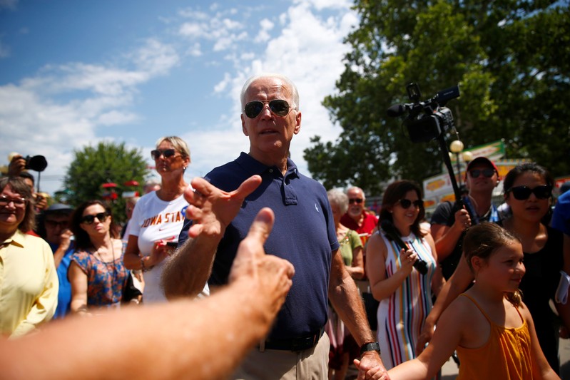 Democratic 2020 U.S. presidential candidate and former U.S. Vice President Joe Biden interacts with people at the Iowa State Fair in Des Moines
