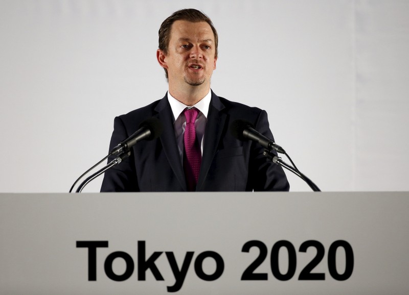 Andrew Parsons, International Paralympic Committee Vice President and member of the IOC Coordination Commission for Tokyo 2020, delivers a speech during an unveiling event for the Tokyo 2020 Olympic and Paralympic games emblems in Tokyo