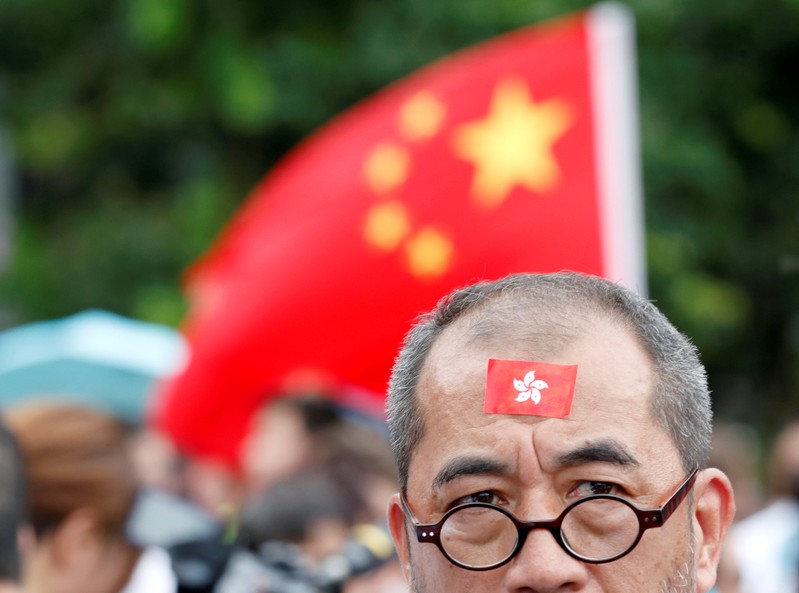 Pro-government supporters attend a rally to support the police and call for an end to violence in Hong Kong