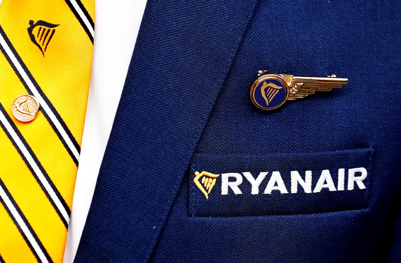 FILE PHOTO: Ryanair logo is pictured ahead of a news conference by Ryanair union representatives in Brussels