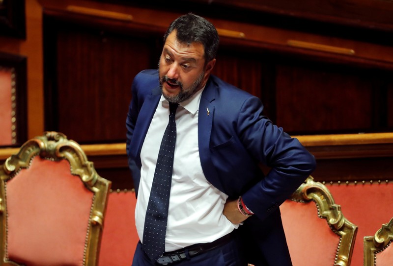 FILE PHOTO: Deputy Prime Minister Salvini gestures as Italy's government is set to face Senate confidence vote on security and immigration decree in Rome