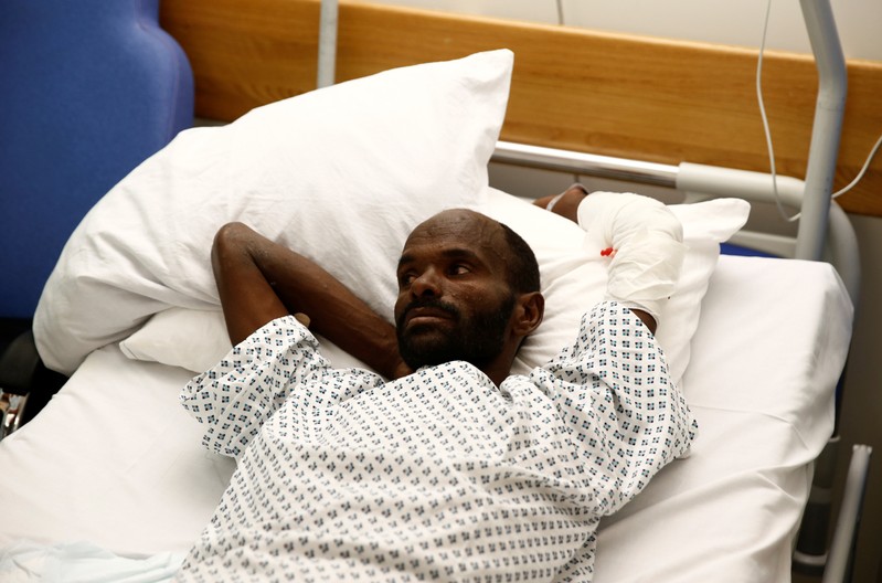 Mohammed Adam Oga, an Ethiopian migrant and the lone survivor of an eleven-day journey across the Mediterranean, speaks to Reuters from his hospital bed at Mater Dei Hospital in Tal-Qroqq