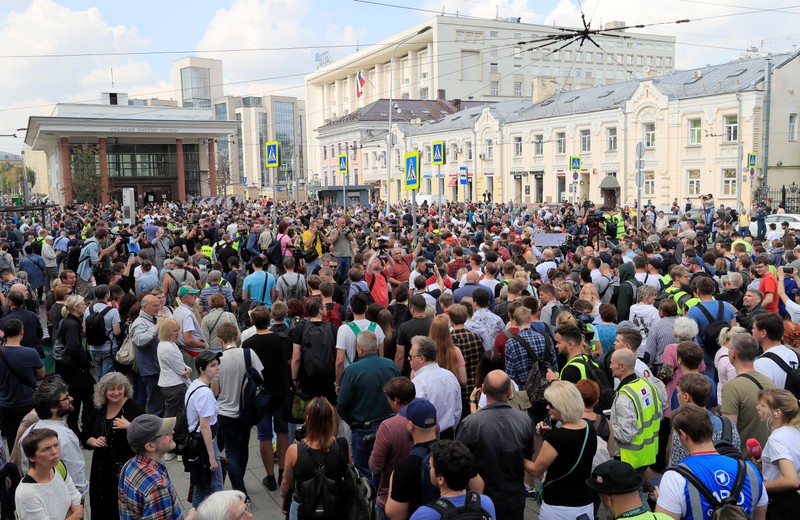People protest ahead of a local election in Moscow