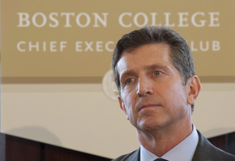 Alex Gorsky, CEO of Johnson & Johnson, listens as he is introduced to speak at the Boston College Chief Executives Club luncheon in Boston, Massachusetts