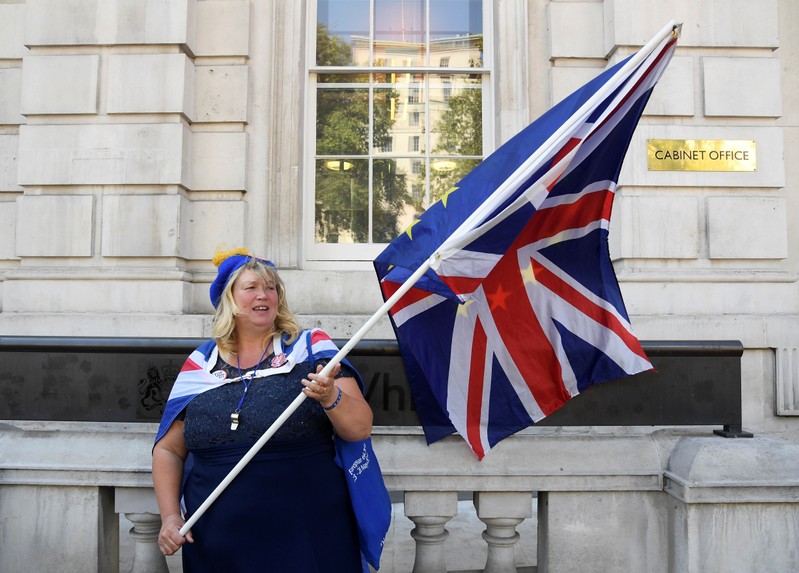 FILE PHOTO: An anti-Brexit protester is seen outside the Cabinet Office in London