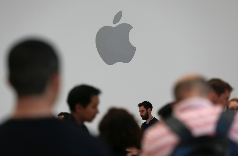 A demonstration of the newly released Apple products is seen following the product launch event in Cupertino