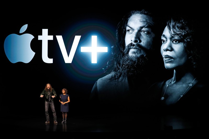 Actors Jason Momoa and Alfre Woodard speak during an Apple special event at the Steve Jobs Theater in Cupertino
