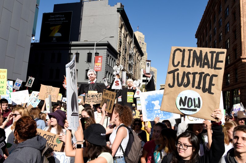 FILE PHOTO: Young people protest outside of the San Francisco Federal Building during a Climate Strike march in San Francisco