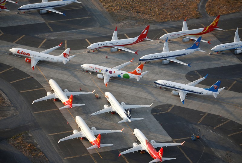 FILE PHOTO: An aerial photo shows Boeing 737 MAX aircraft at Boeing facilities at the Grant County International Airport in Moses Lake