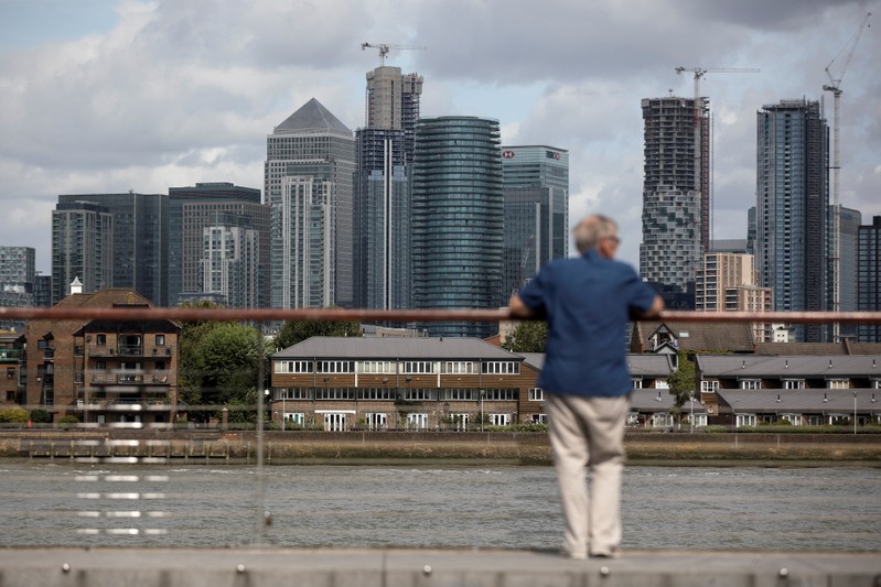 FILE PHOTO: A man looks out onto the Canary Wharf financial district in London