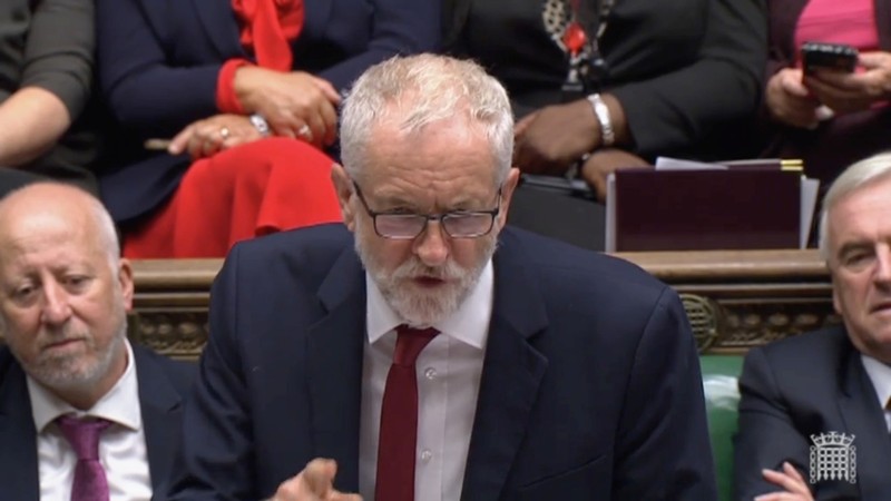 FILE PHOTO - -Britain's opposition Labour party leader Jeremy Corbyn speaks ahead of the vote on whether to hold an early election, in Parliament in London