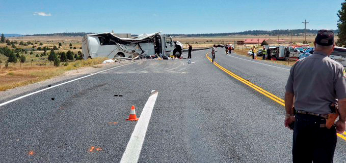 A view shows a bus carrying Chinese-speaking tourists after it crashed off a road near Bryce Canyon National Park in Utah