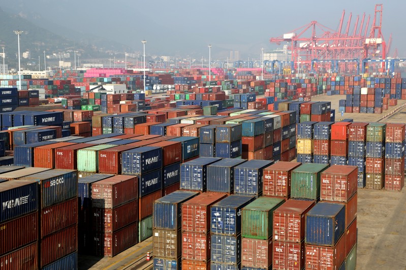 Containers are seen at a port in Lianyungang, Jiangsu