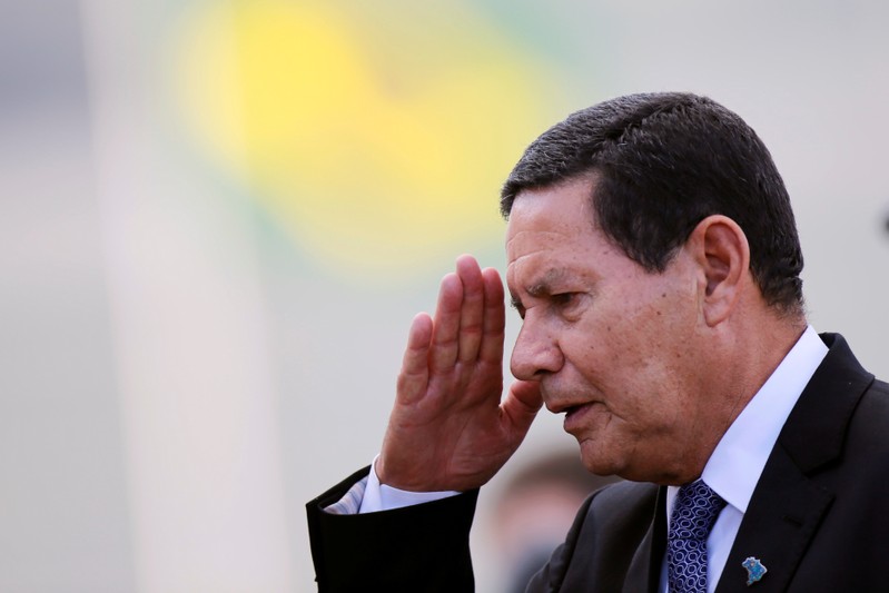 Brazil's Vice President Hamilton Mourao gestures during a ceremony outside the Planalto Palace in Brasilia