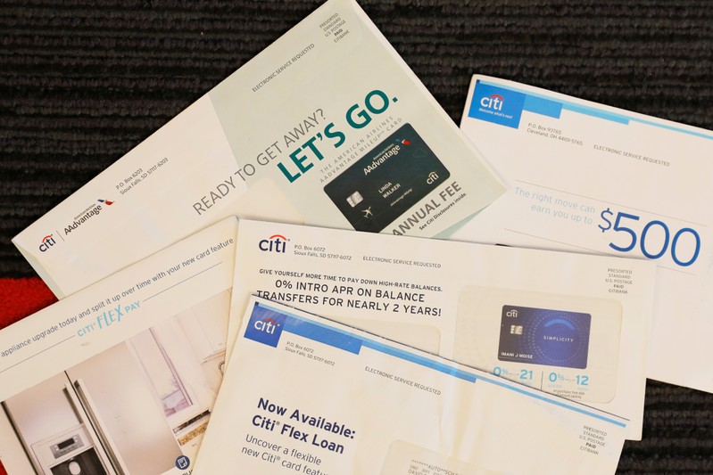 Balance transfer envelopes are pictured in a Reuters office in New York