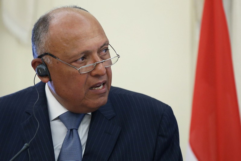 Egyptian Foreign Minister Sameh Shoukry addresses journalists during a joint press conference with his Greek counterpart Nikos Dendias following a meeting at the Foreign Ministry in Athens