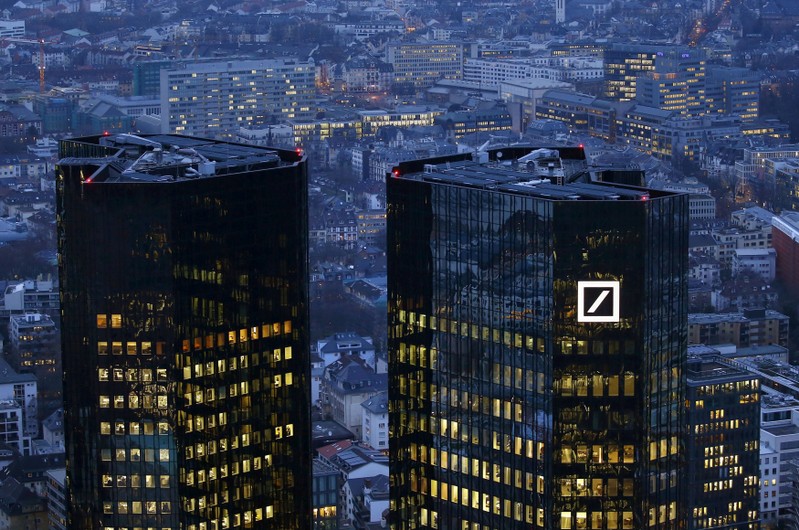 The headquarters of Germany's Deutsche Bank is photographed early evening in Frankfurt