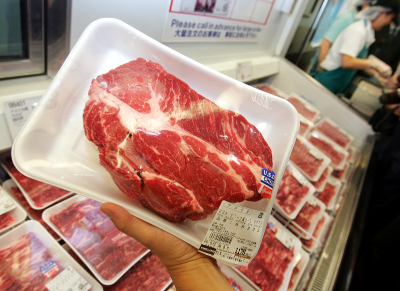 FILE PHOTO: Packed U.S. beef is displayed at supermarket in Chiba, east of Tokyo