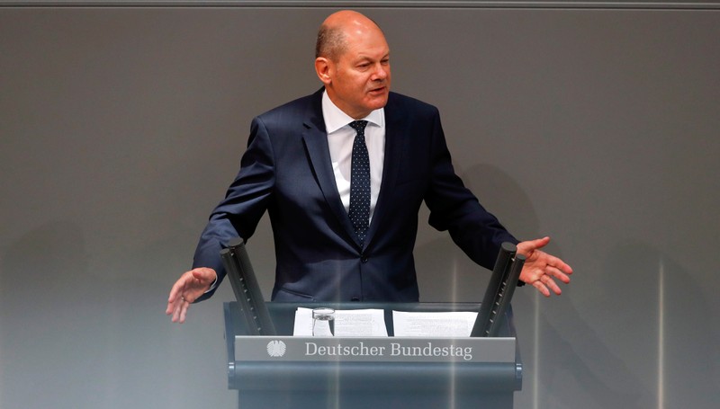 German Finance Minister Olaf Scholz addresses lower house of parliament (Bundestag) during a budget session in Berlin