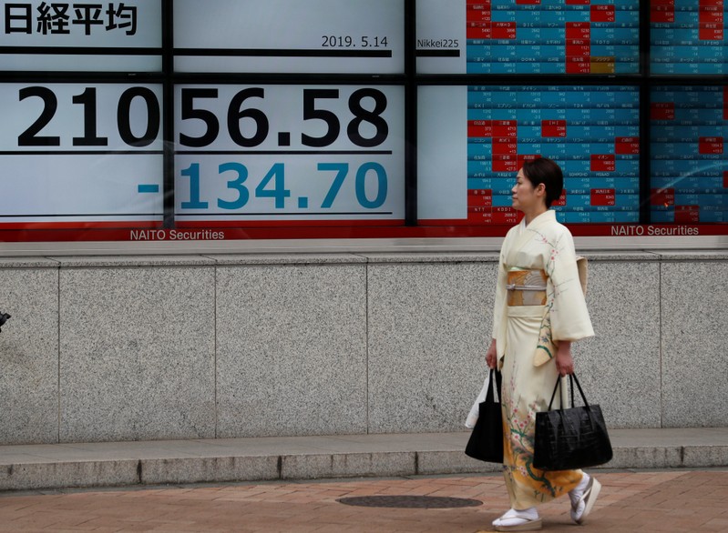 FILE PHOTO: A woman wearing a kimono walks past an electronic board showing the Nikkei stock index outside a brokerage in Tokyo