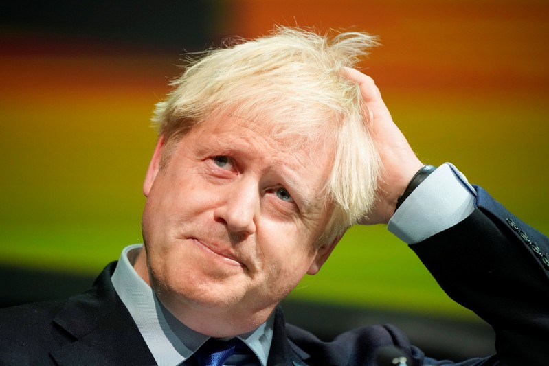 Britain's Prime Minister Boris Johnson reacts during the Convention of the North at the Magna Centre in Rotherham