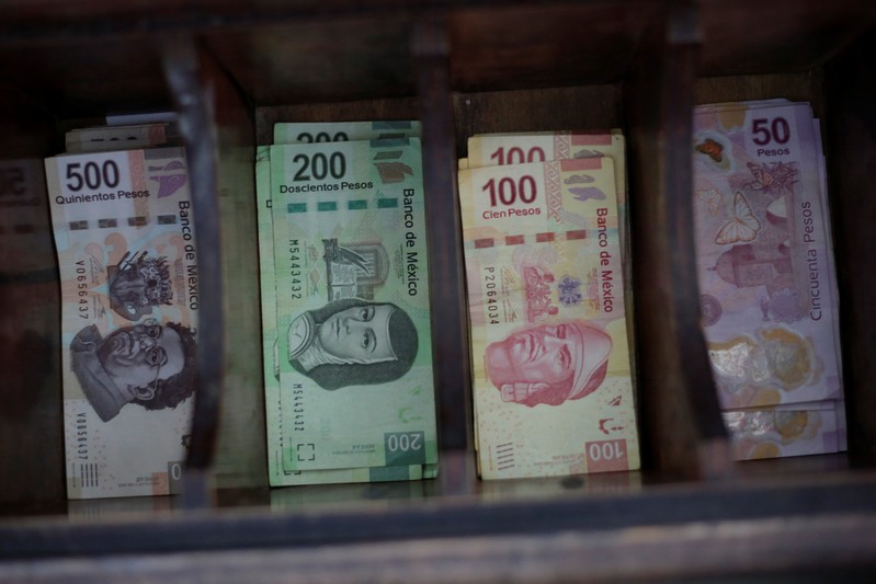 Mexican peso banknotes are pictured at a currency exchange shop in Ciudad Juarez