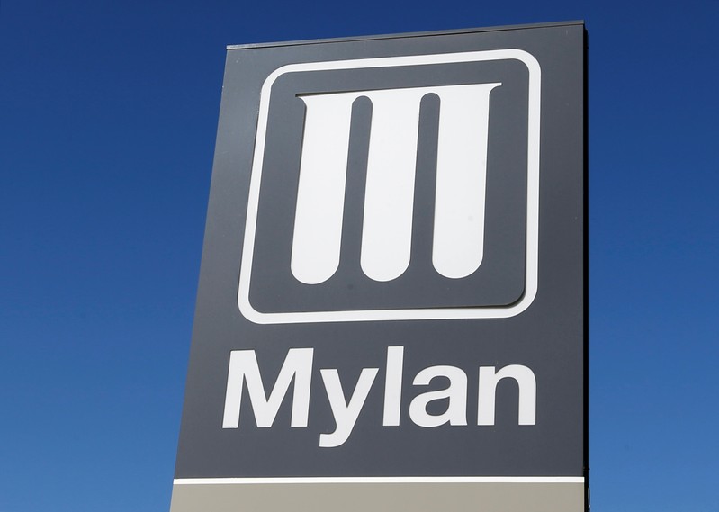 Logo of Mylan Laboratories, a company primarily engaged in the commercialization of generic drugs is pictured in Merignac near Bordeaux