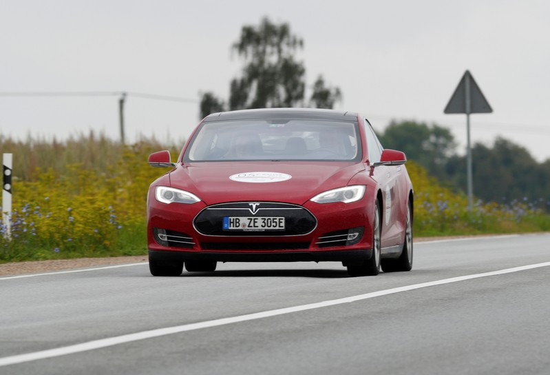 FILE PHOTO: Tesla Model S drives during electric car E-Rallye Baltica 2019 in Latvia