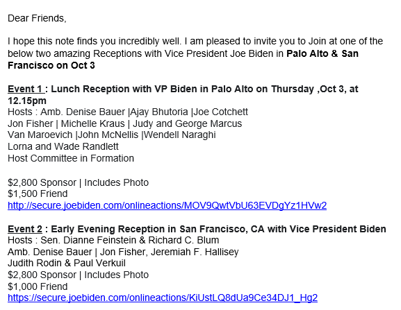 Sen. Dianne Feinstein will co-host a fundraiser for Joe Biden in October