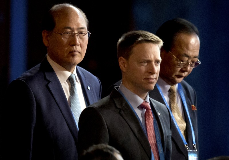 FILE PHOTO: Matt Pottinger, Special Assistant to U.S. President Donald Trump and Kim Yong Jae, North KoreaÕs minister of external economic relations, arrive for the opening ceremony of the Belt and Road Forum in Beijing