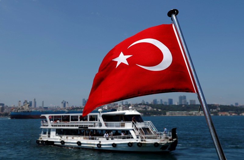 A Turkish flag is pictured on a boat in Istanbul