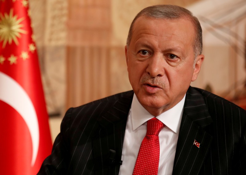 FILE PHOTO: Turkish President Tayyip Erdogan speaks during an interview with Reuters in Istanbul
