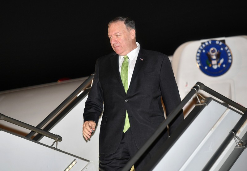 U.S. Secretary of State Mike Pompeo steps off his plane upon arrival at King Abdulaziz International Airport in Jeddah