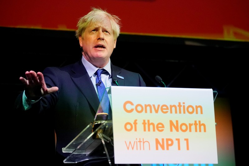 Britain's Prime Minister Boris Johnson speaks during the Convention of the North at the Magna Centre in Rotherham