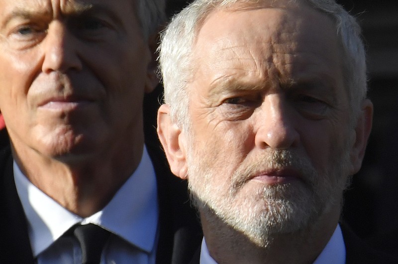 Britain's Opposition Labour Party Leader Jeremy Corbyn and former Prime Minister Blair take part in the Remembrance Sunday ceremony at the Cenotaph in Westminster, central London, Britain
