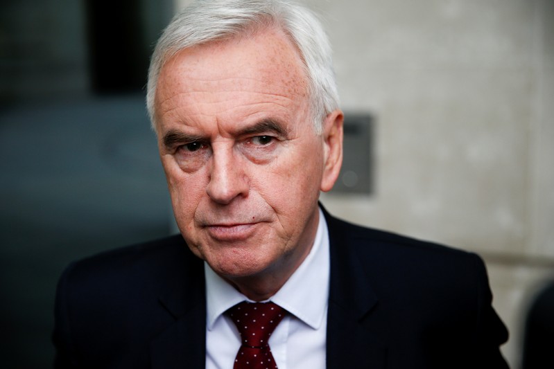 FILE PHOTO: British Labour politician John McDonnell speaks to media outside the BBC headquarters after appearing on the Andrew Marr show in London