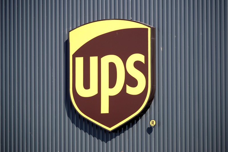 FILE PHOTO: The logo of United Parcel Service is seen at the new package sorting and delivery UPS hub in Corbeil-Essonnes and Evry