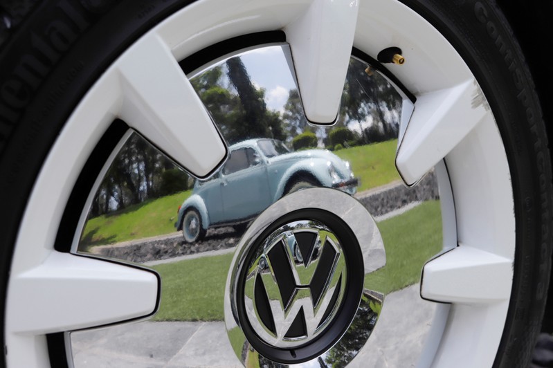 The logo of the Volkswagen is pictured during a ceremony marking the end of production of VW Beetle cars, at company's assembly plant in Puebla,