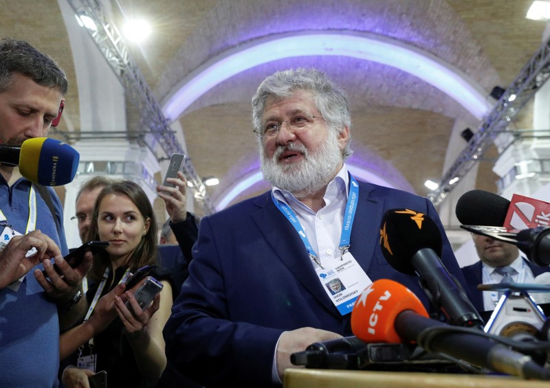 Ukrainian business tycoon Kolomoisky speaks with journalists in Kiev
