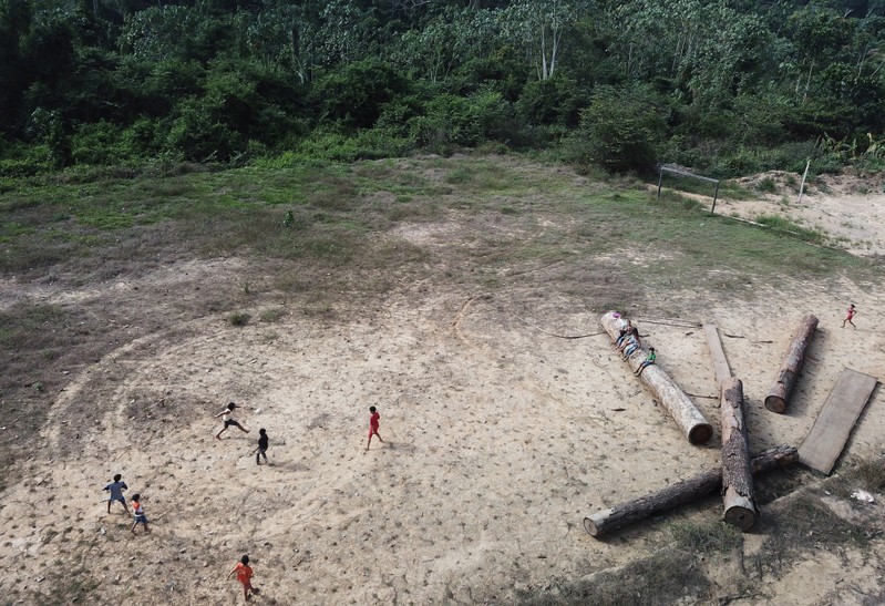 Children play next to logs that were illegally cut from Virola-Jatoba PDS in Anapu