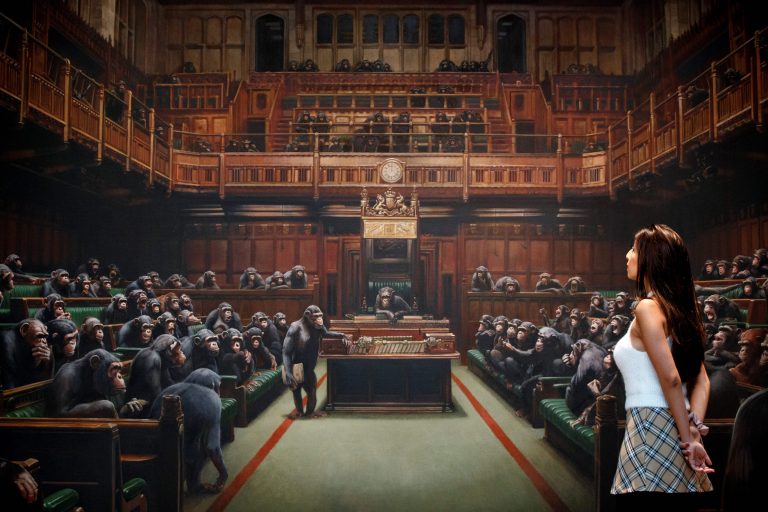 Banksy painting depicting primates in British Parliament fetches $12.2 million at auction