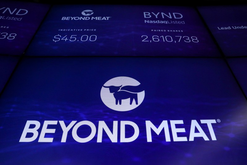 FILE PHOTO: The company logo and trading information for Beyond Meat is displayed on a screen during the IPO at the Nasdaq Market site in New York