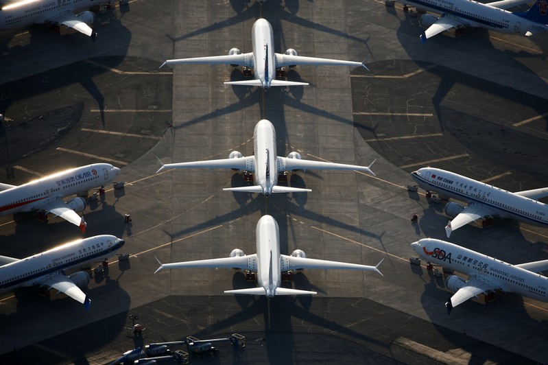 FILE PHOTO: An aerial photo shows Boeing 737 MAX aircraft at Boeing facilities at the Grant County International Airport in Moses Lake