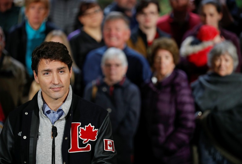 Liberal leader and Canadian Prime Minister Justin Trudeau attends a press conference after a tree planting during an election campaign visit to Plainfield